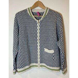 Zaket & Plover Cardigan Sweater Zip Up Merino Wool Blue Cream Check Green M